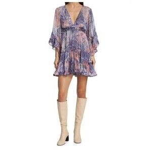 NWT Misa Los Angeles Yasemin Butterfly Sleeve Babydoll Dress Violet Larg Chiffon